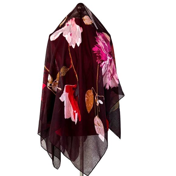 Floral Wrap Cotton Poly blend scarf shawl burgundy pink floral huge square pareo - Picture 7 of 7